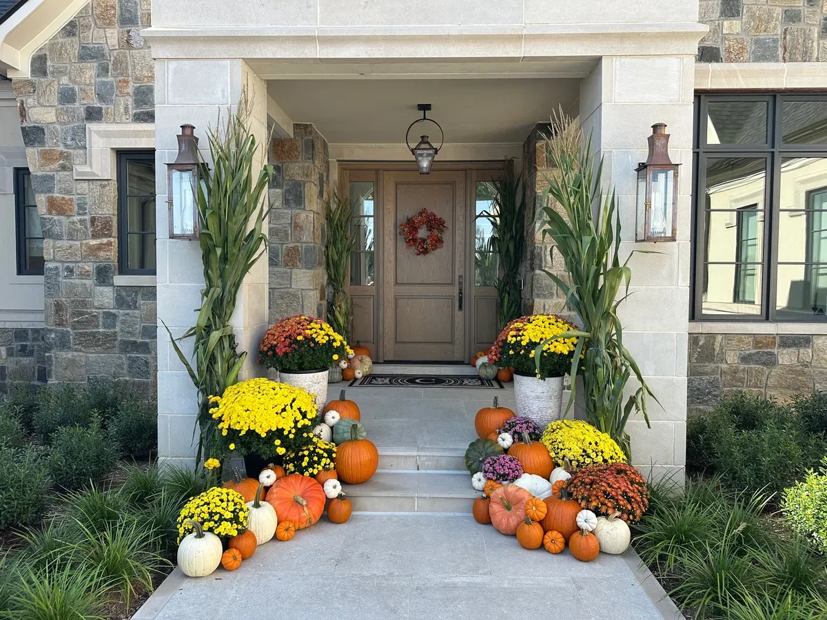 The Vine fall porch pumpkin display by Detroit Pumpkin Company